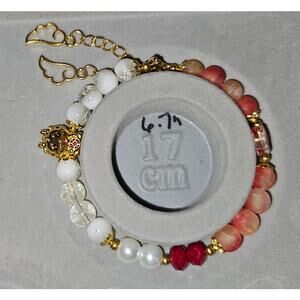 Red White Wire Bracelet w beaded Dragon and Winged Dangle Charms #971